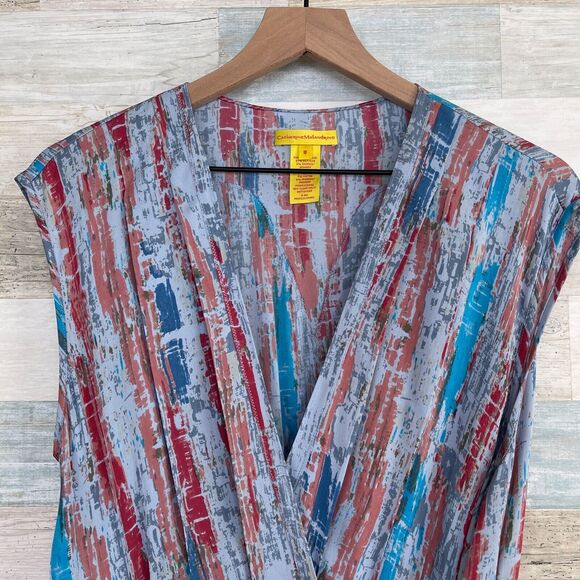 Catherine Malandrino Silk Tie Wrap Dress Blue Print Pleated Casual Womens 10 - Picture 3 of 8